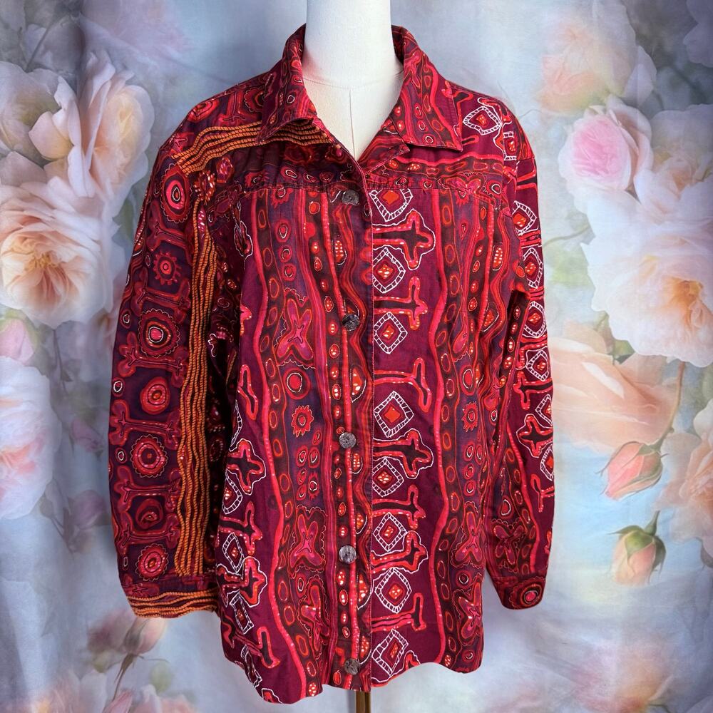Vintage ioS Red & Orange Abstract Print Textured Stripes Button Up Jacket